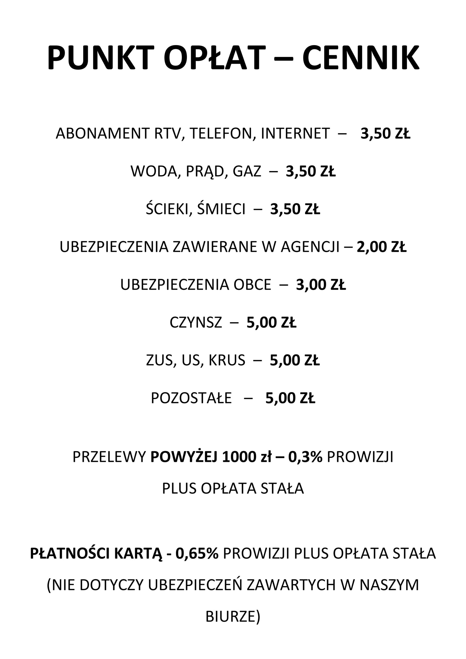 Punkt opłat - cennik Garwolin